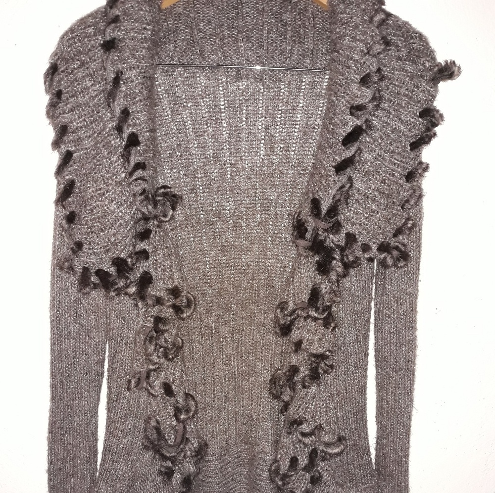 Lapis Ruffled Faux Fur Trim Cardigan Sweater